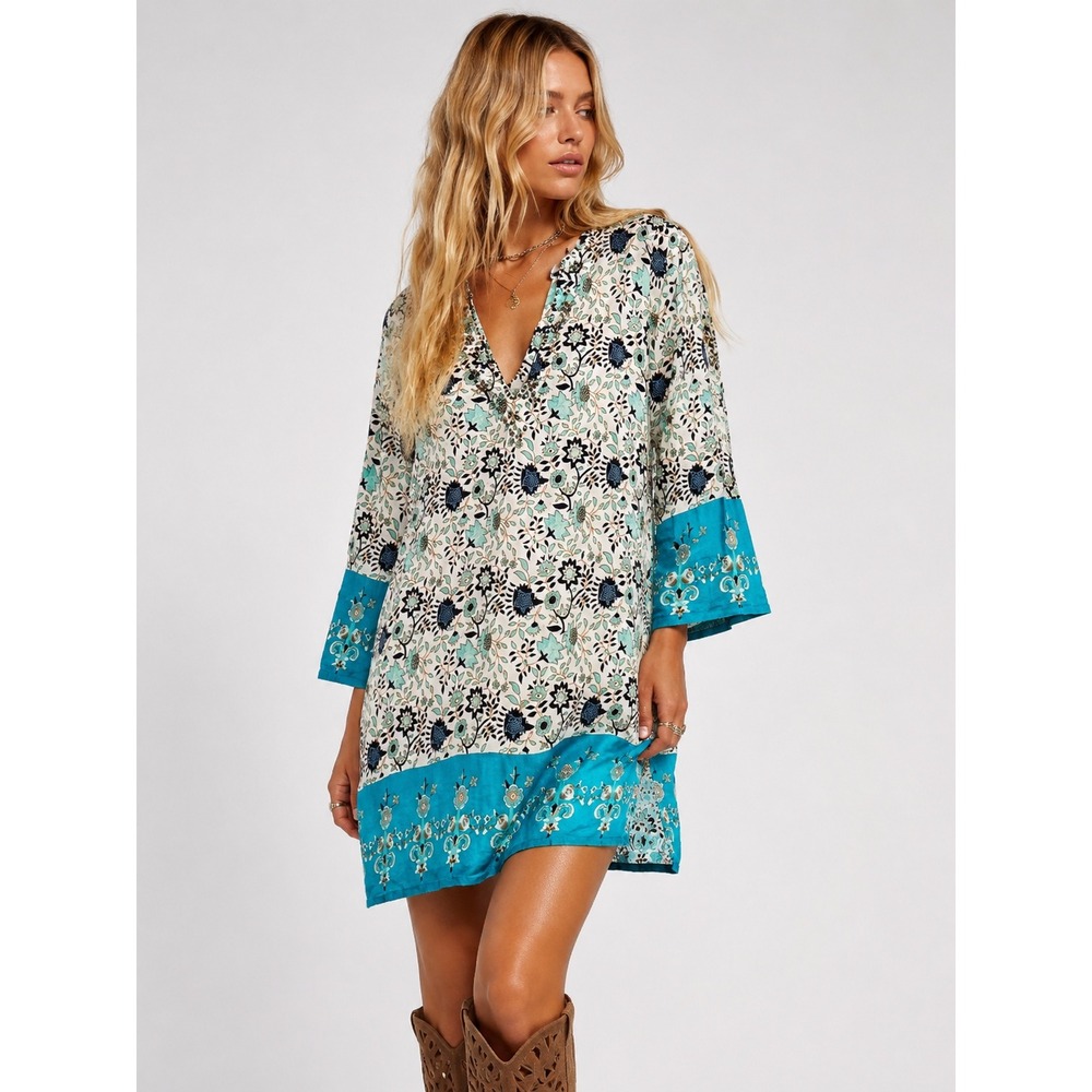 Karma Highway Cotton Floral Boho Tunic Top Turquoise Cream Bead V-Neck One Size